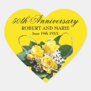 50th Anniversary Heart w Yellow Roses Personalised Heart Sticker