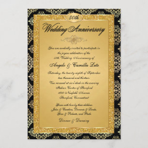 50th Anniversary Invitation  Black, Gold Damask