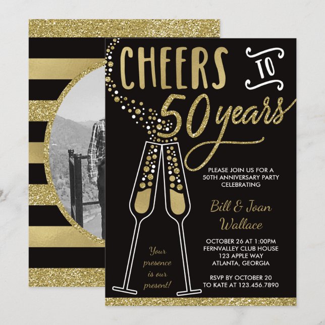 50th Anniversary Invitation, Faux Glitter/Foil Invitation (Front/Back)