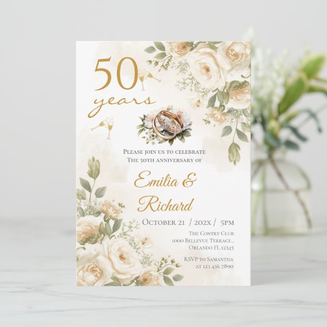50th anniversary invitation featuring rings and wh (Standing Front)