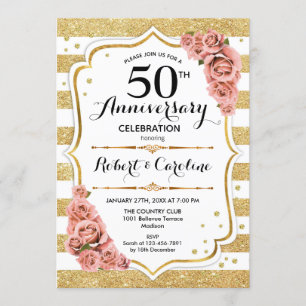 50th Anniversary Invitation - Gold Pink Roses