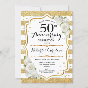 50th Anniversary Invitation - Gold White Roses