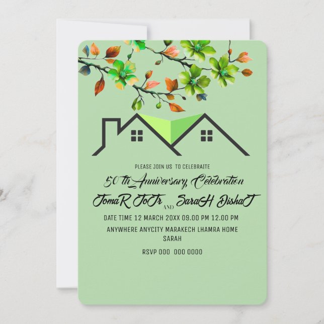 50th Anniversary Invitation, Greenery Wedding Anni Holiday Card (Front)