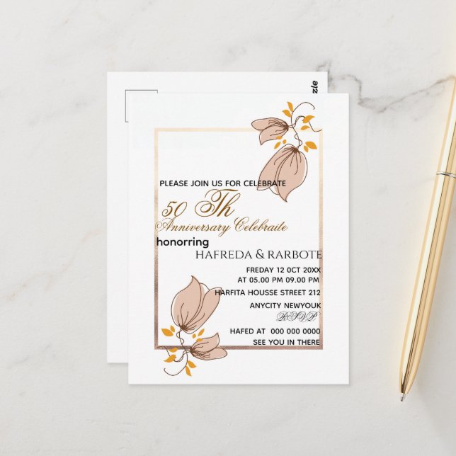 50th Anniversary Invitation, Greenery Wedding Anni Postcard (Front/Back In Situ)