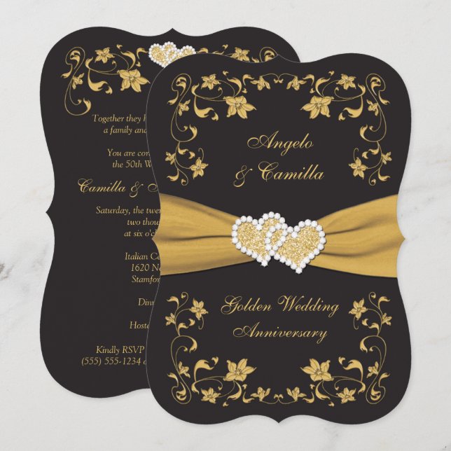 50th Anniversary Joined Hearts Invite, Black Gold Invitation (Front/Back)