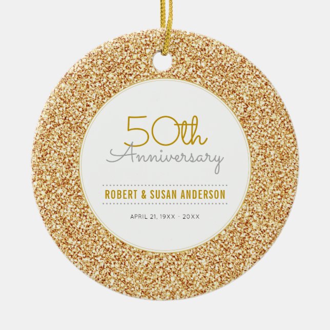 50th Anniversary Keepsake Faux Gold Glitter Ceramic Tree Decoration (Front)