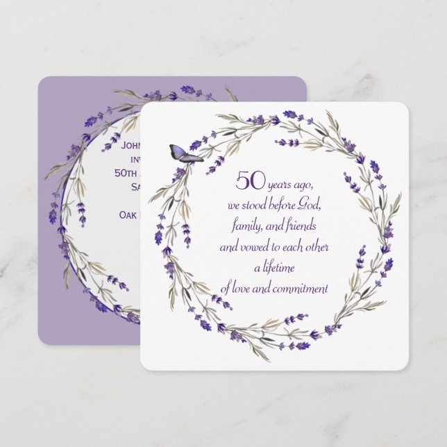 50th Anniversary Lavender Wreath  Invitation (Front/Back)