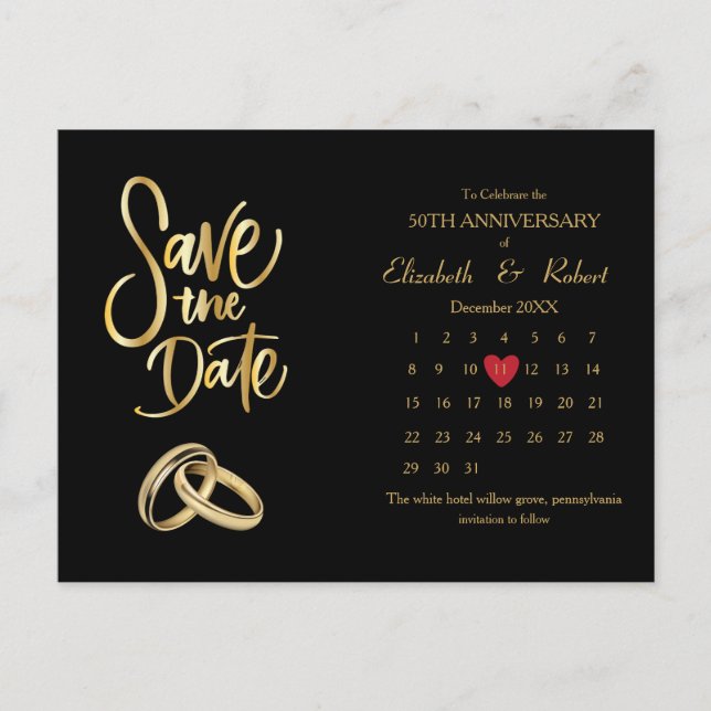 50th Anniversary Luxury The Date Calendar Announcement Postcard (Front)