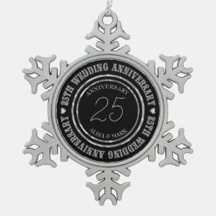50th Anniversary Metallic Silver & Black Rings Snowflake Pewter Christmas Ornament