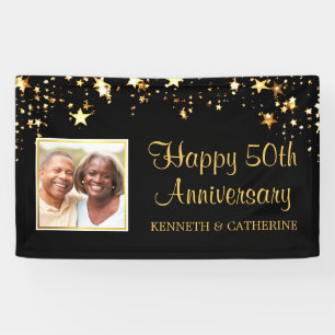 50th Anniversary Modern Black Gold Stars Photo Banner