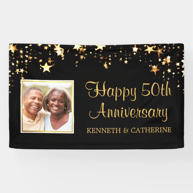 50th Anniversary Modern Black Gold Stars Photo Banner (Horizontal)