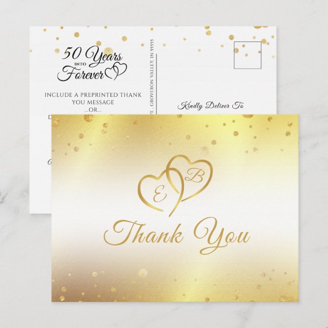 50th Anniversary Monogram Gold Hearts Thank You Postcard (Front/Back)