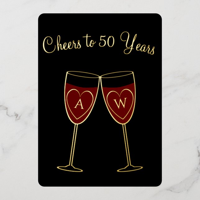 50th Anniversary Monogram Wine Glasses Cheers Gold (Front)