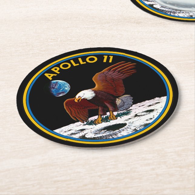 50th Anniversary Moon Landing, Apollo 11 insignia: Round Paper Coaster (Angled)