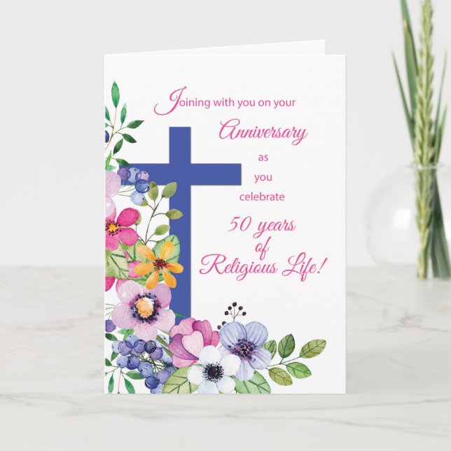 50th Anniversary Nun Religious Life Cross, Flowers Card (Front)