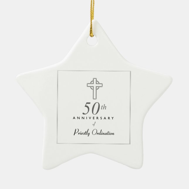 50th Anniversary of Priest with Embossed Cross Ceramic Tree Decoration (Front)
