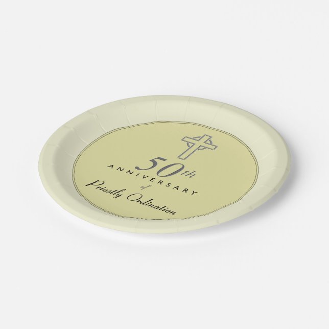 50th Anniversary of Priest with Embossed Cross Paper Plate (Angled)