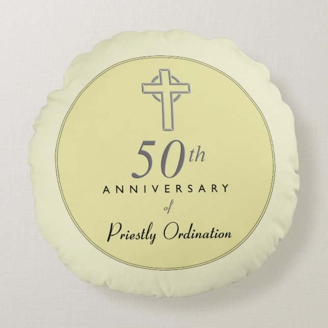 50th Anniversary of Priest with Embossed Cross Round Cushion (Front)