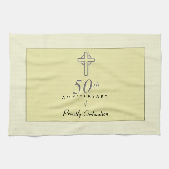 50th Anniversary of Priest with Embossed Cross Tea Towel (Horizontal)