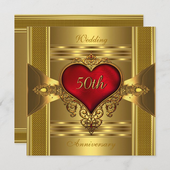50th Anniversary Ornate Red Jewelled Heart Gold 2 Invitation (Front/Back)