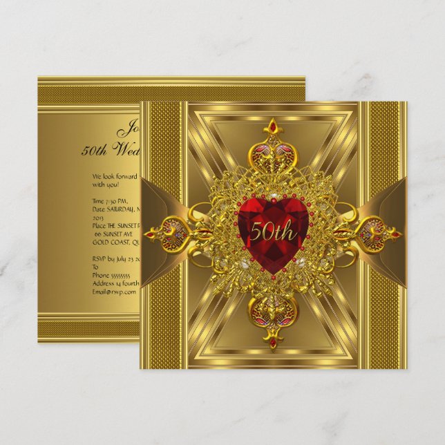 50th Anniversary Ornate Red Jewelled Heart Gold Invitation (Front/Back)