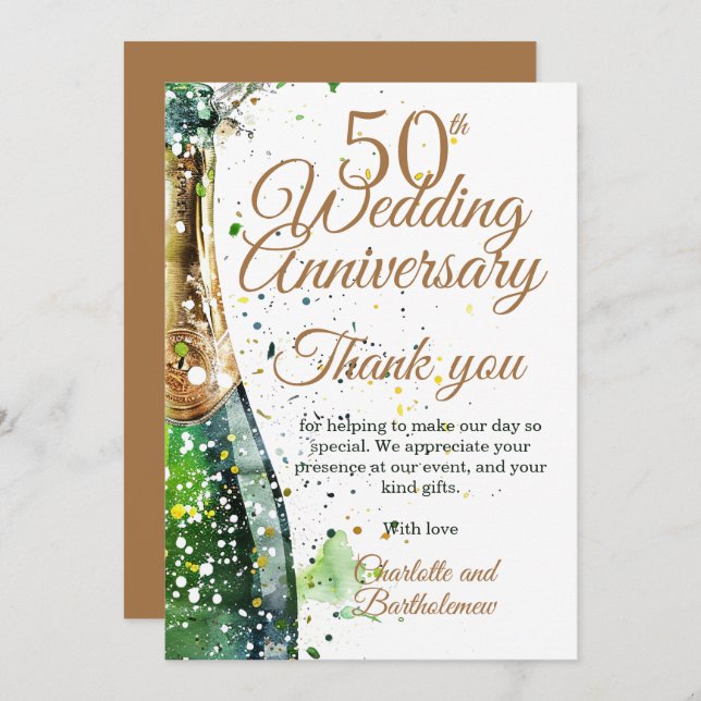 50th Anniversary Party Bubbly Bottle Thank You Card (Front/Back)