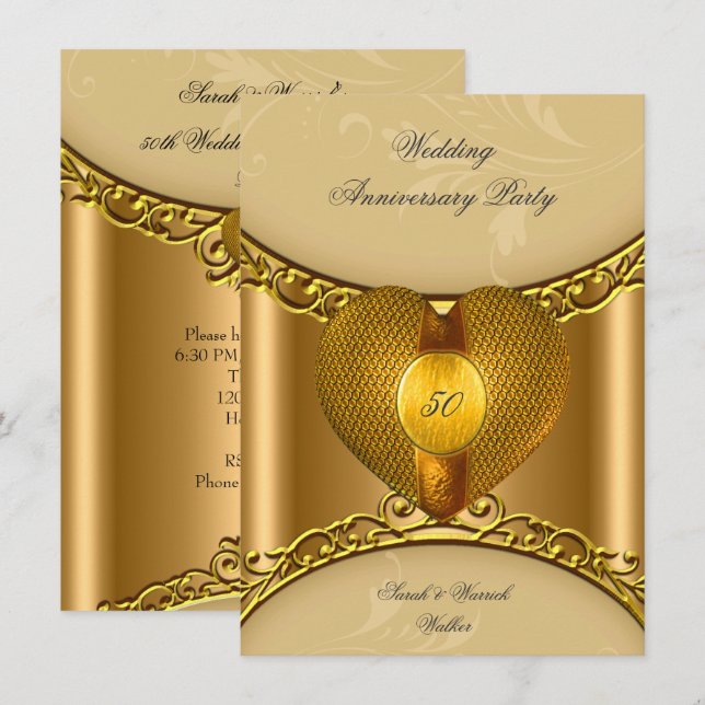50th Anniversary Party Elegant Gold Golden Heart Invitation (Front/Back)