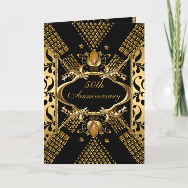 50th Anniversary Party Gold Black Damask Deco Invitation (Front)