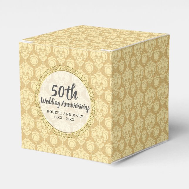 50th Anniversary Party Gold Damask Cake Favour Box (Front Side)