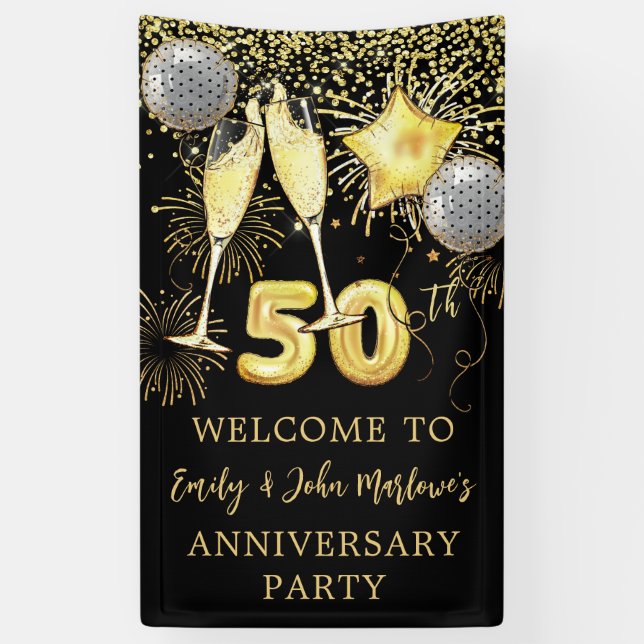 50th Anniversary Party Gold Glitter Champagne  Banner (Vertical)