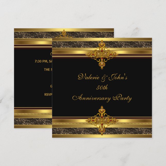 50th Anniversary Party Golden Gold Jewel Black Invitation (Front/Back)