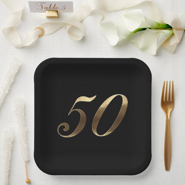 50th Anniversary Party Modern Black and Gold Paper Paper Plate (Wedding)