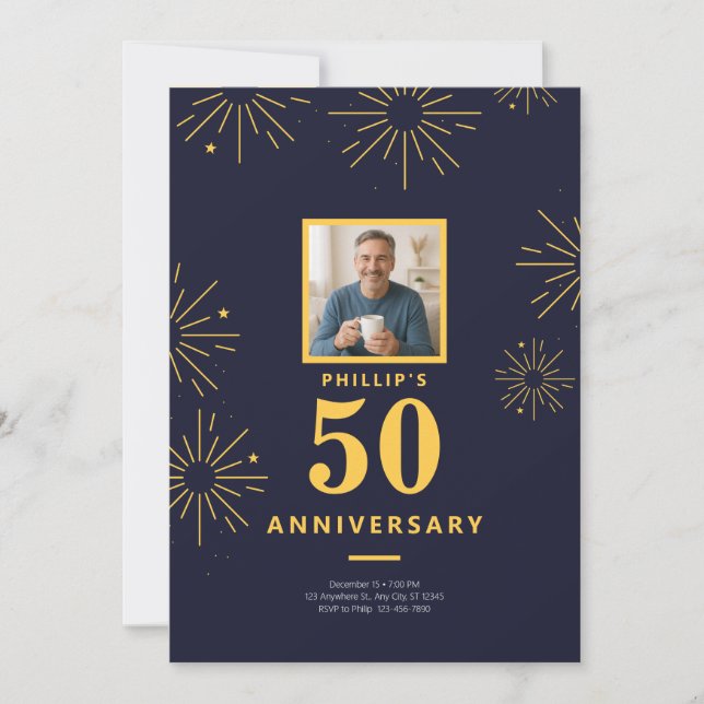 50th Anniversary Party Navy Blue Gold Fireworks Invitation (Front)
