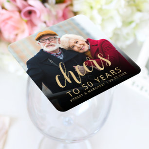 50th Anniversary Party Photo Gold Cheers Square Paper Coaster