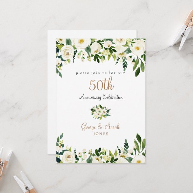 50th Anniversary Party White Floral  Invitation (Front/Back In Situ)