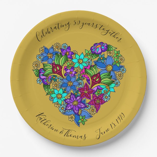 50th Anniversary Partyware, Floral Heart, Custom Paper Plate (Front)