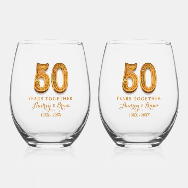 50th Anniversary Personalised Stemless Wine Glass (Front)