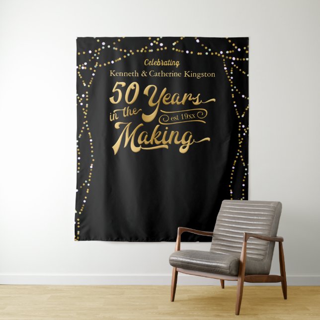 50th Anniversary Photo Backdrop Black and Gold Tapestry (In Situ)