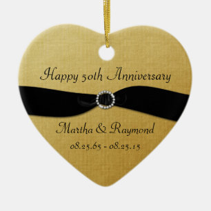 50th Anniversary Photo Gold Black Ribbon Diamonds Ceramic Tree Decoration