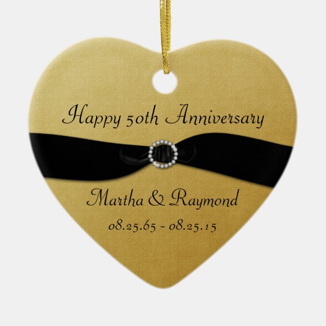50th Anniversary Photo Gold Black Ribbon Diamonds Ceramic Tree Decoration (Front)