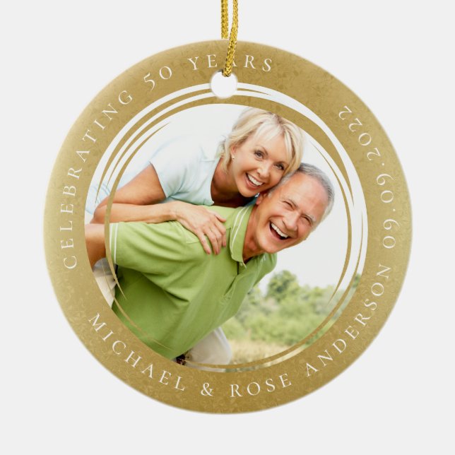 50th Anniversary Photo Gold Foil Ceramic Tree Decoration (Front)