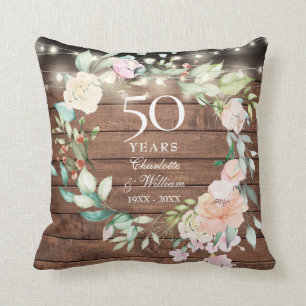 50th Anniversary Photo Rustic Floral String Lights Cushion