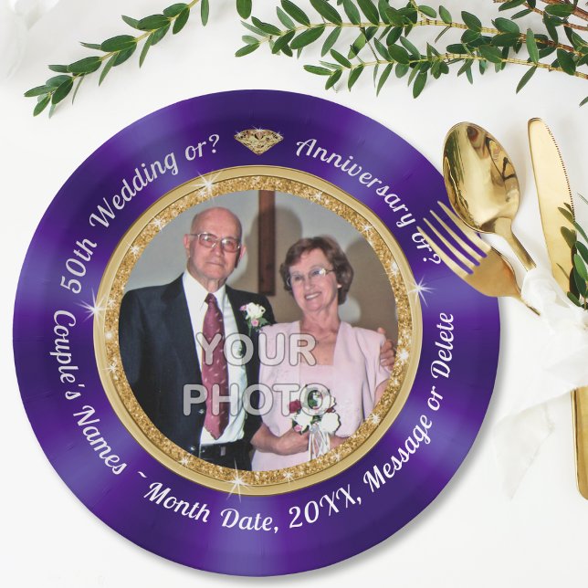 50th Anniversary Plates Personalised, with PHOTO,  (50th Anniversary Paper Plates, with Couple's Picture. 50th anniversary party plates. Purple Plates.)