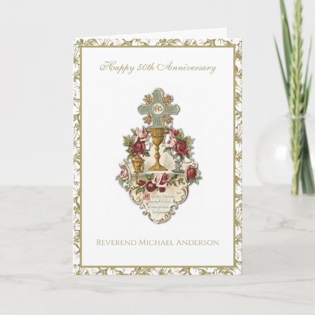 50th Anniversary Priest Elegant Chalice Floral Card (Front)