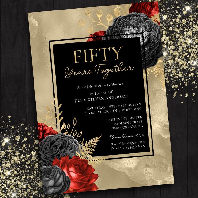 50th Anniversary Red Black Gold Floral Invitation (Creator Uploaded)