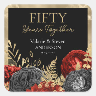 50th Anniversary Red Black Gold Floral Square Sticker