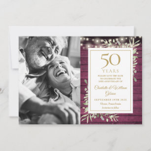 50th Anniversary Red Wood Greenery Lights Photo Save The Date
