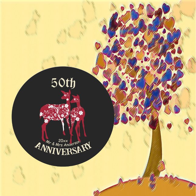 50th Anniversary Reindeer Couple Decorative Art  Classic Round Sticker (50th Anniversary Reindeer Couple Decorative Art Classic Round Sticker)