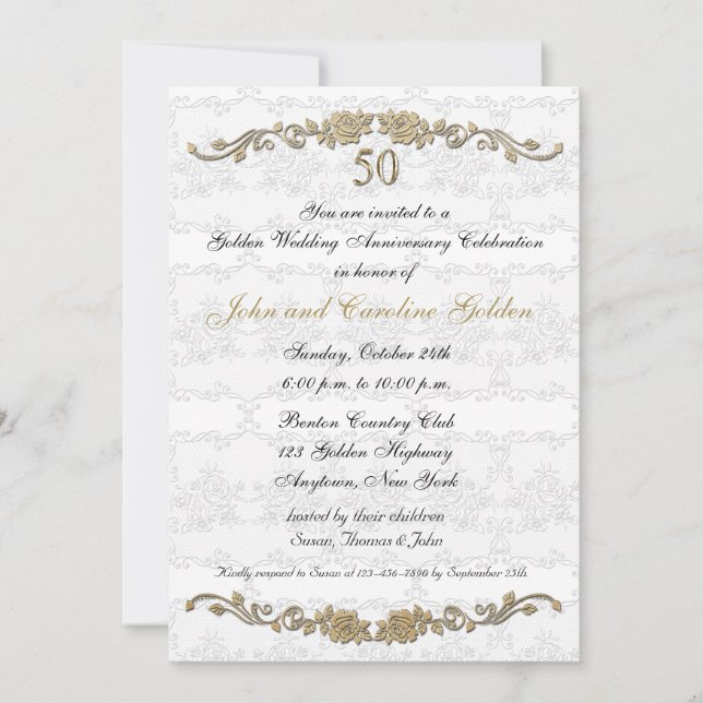 50th Anniversary Rose Border White Invitation (Front)