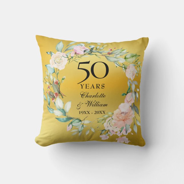 50th Anniversary Roses Floral Gold Foil Photo Cushion (Front)
